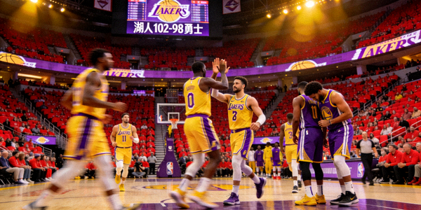 NBA常规赛洛杉矶湖人主场迎战金州勇士，第四节比分102比98，湖人暂时领先